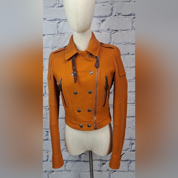 NWT Burberry Womens Jacket Cropped Moto Orange Zip Cuff Wool Cashmere 950$ 2 US - Picture 3 of 16